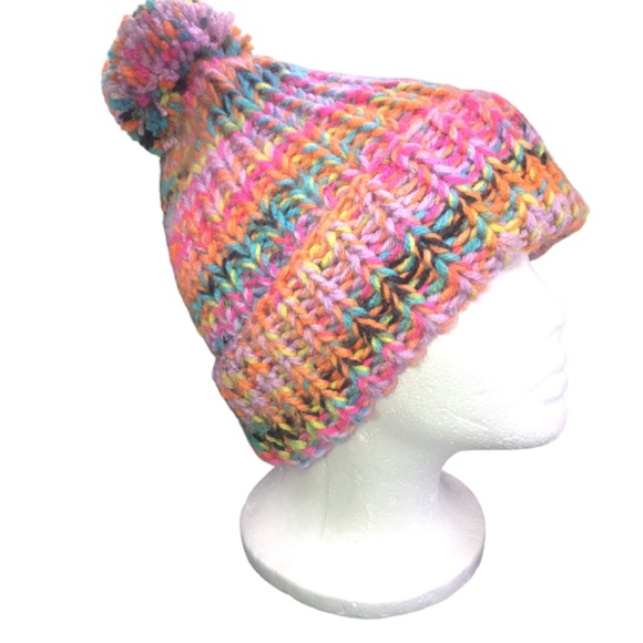 Pink Rainbow Bright Multi Color Double Strand Chunky Beanie with Pom Pom main image 11